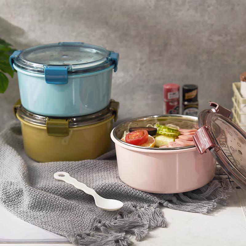 ZISIZ Stainless Steel Round Single-Layer Lunch Box Set