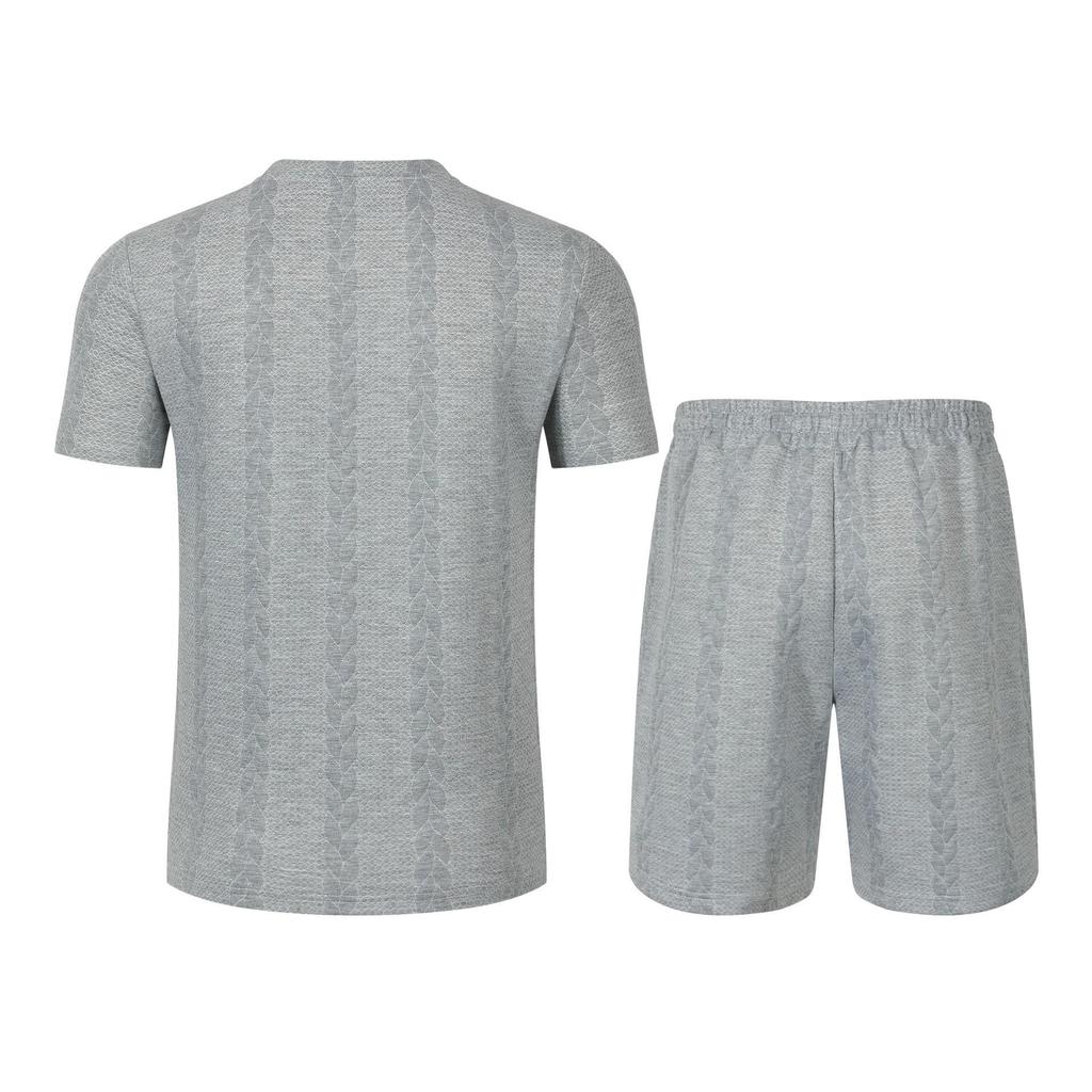 Men's European Solid Color Jacquard Summer Casual Round Neck Short Sleeve T-shirt & Shorts Set