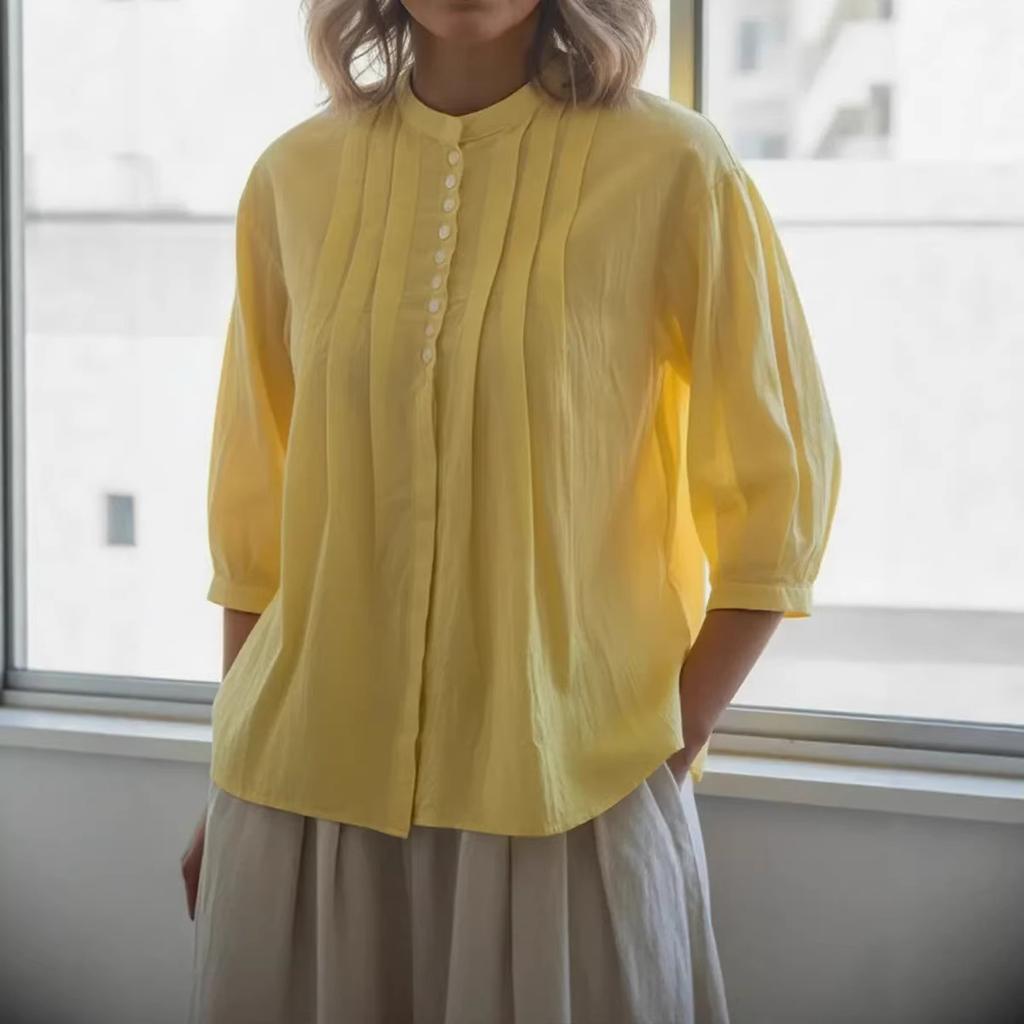 Spring and Summer New European Beautiful Women's Pure Cotton Shirt Solid Color Casual Button Pleated Shirt Women