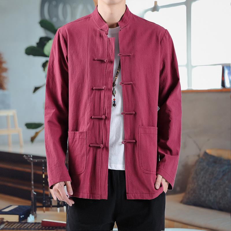 Spring and Autumn Chinese Style Cotton and Linen Retro Buttoned Chinese Long-sleeved Bottoming Shirt Men's Performance Tai Chi Clothing Shirt Jacket