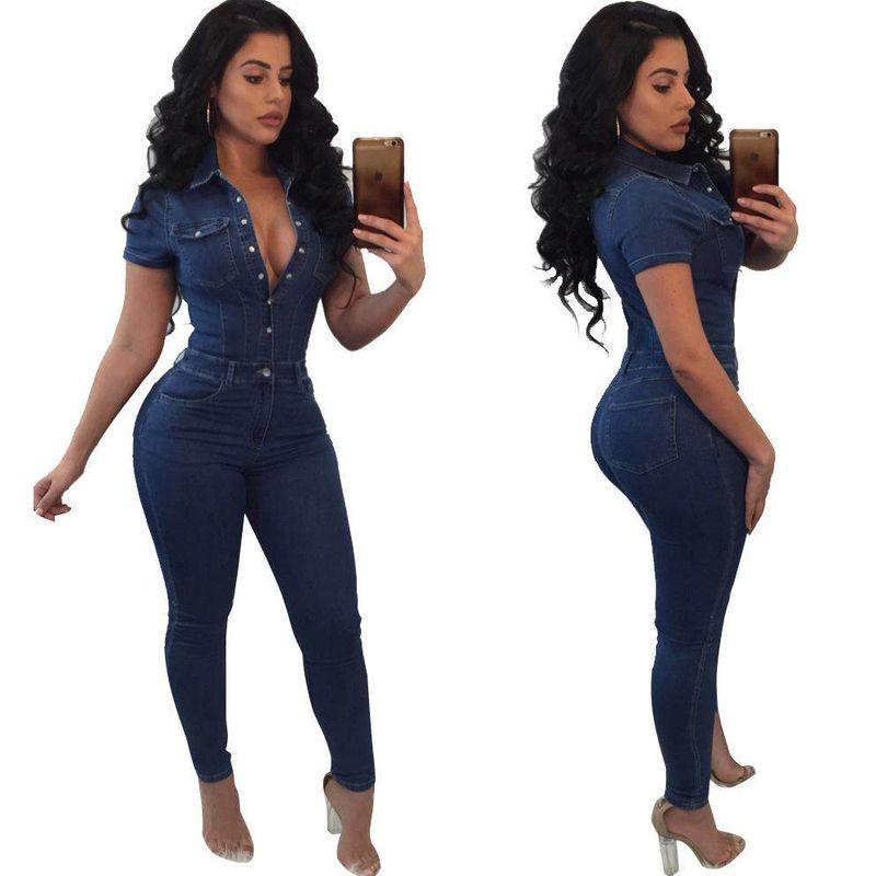 

Plus Size 2018 Amazon Standard Size Cross-Border European and American Fashion Jeans Women s Slim-Fit Casual Jumpsuit Blue S