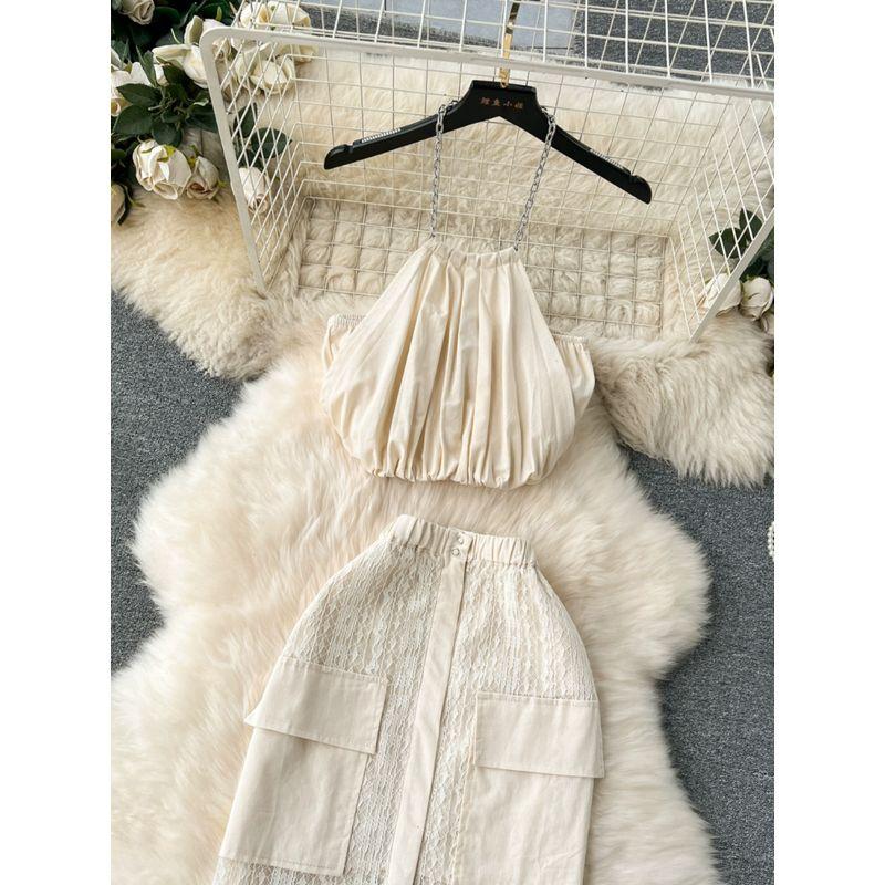 Fancy Vacation Style Suit Niche Style Halterneck Tank-Top Easiest for Match High Waist Lace Skirt Temperament Twinset
