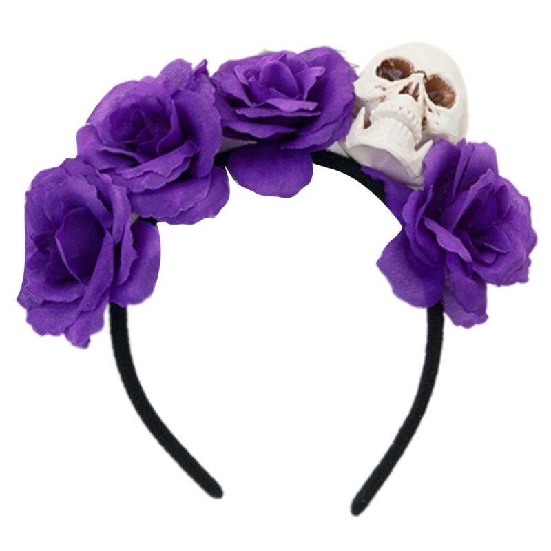 A52E Contemporary Skull Headwear With Artificial Flower Costumes Halloween Cosplays Hair Ornament For Women Girls
