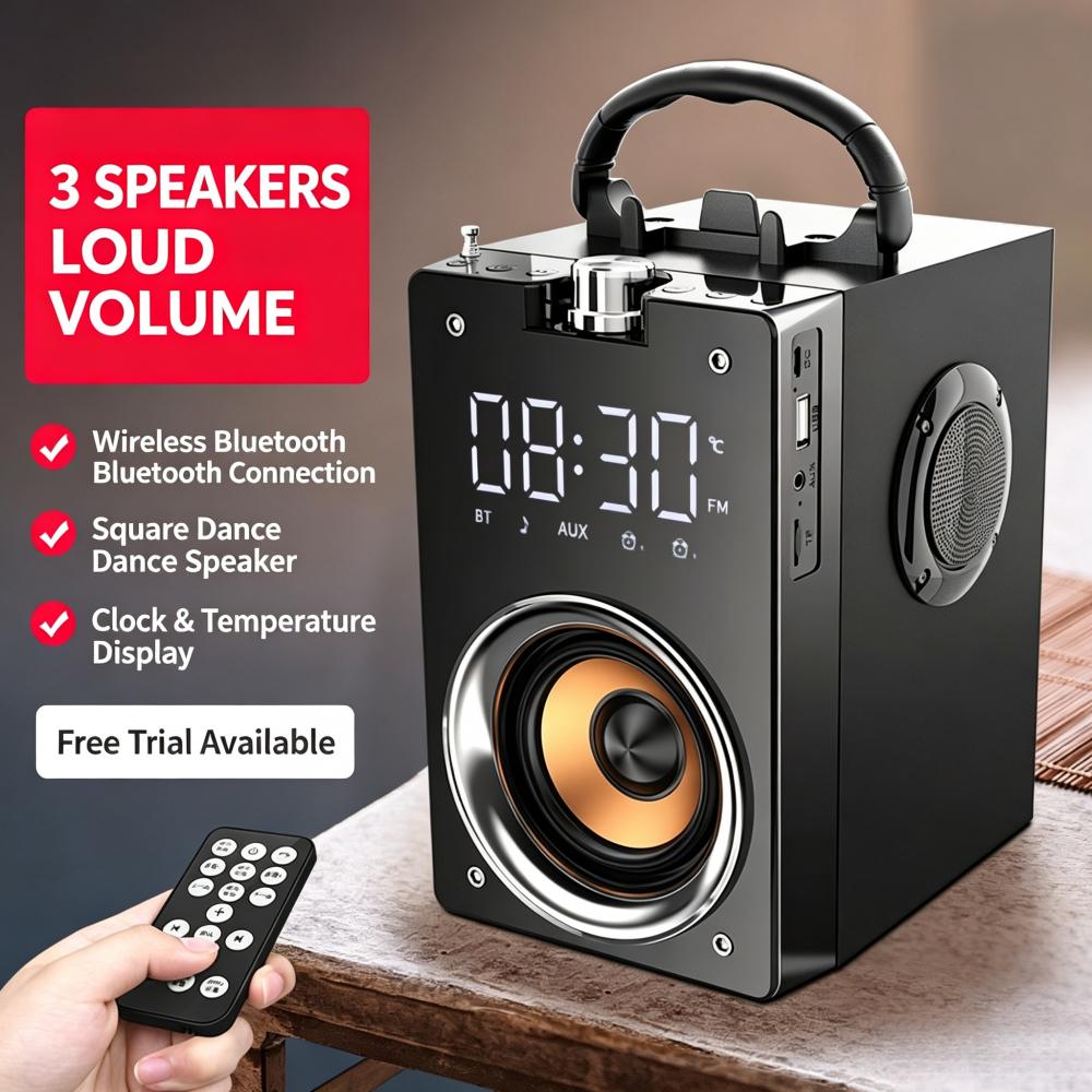 3D Surround Bas Taşınabilir Bluetooth Hoparlör, FM Radyolu ve Uzaktan Kumandalı Çok Fonksiyonlu Çalar Saat Kablosuz Boombox