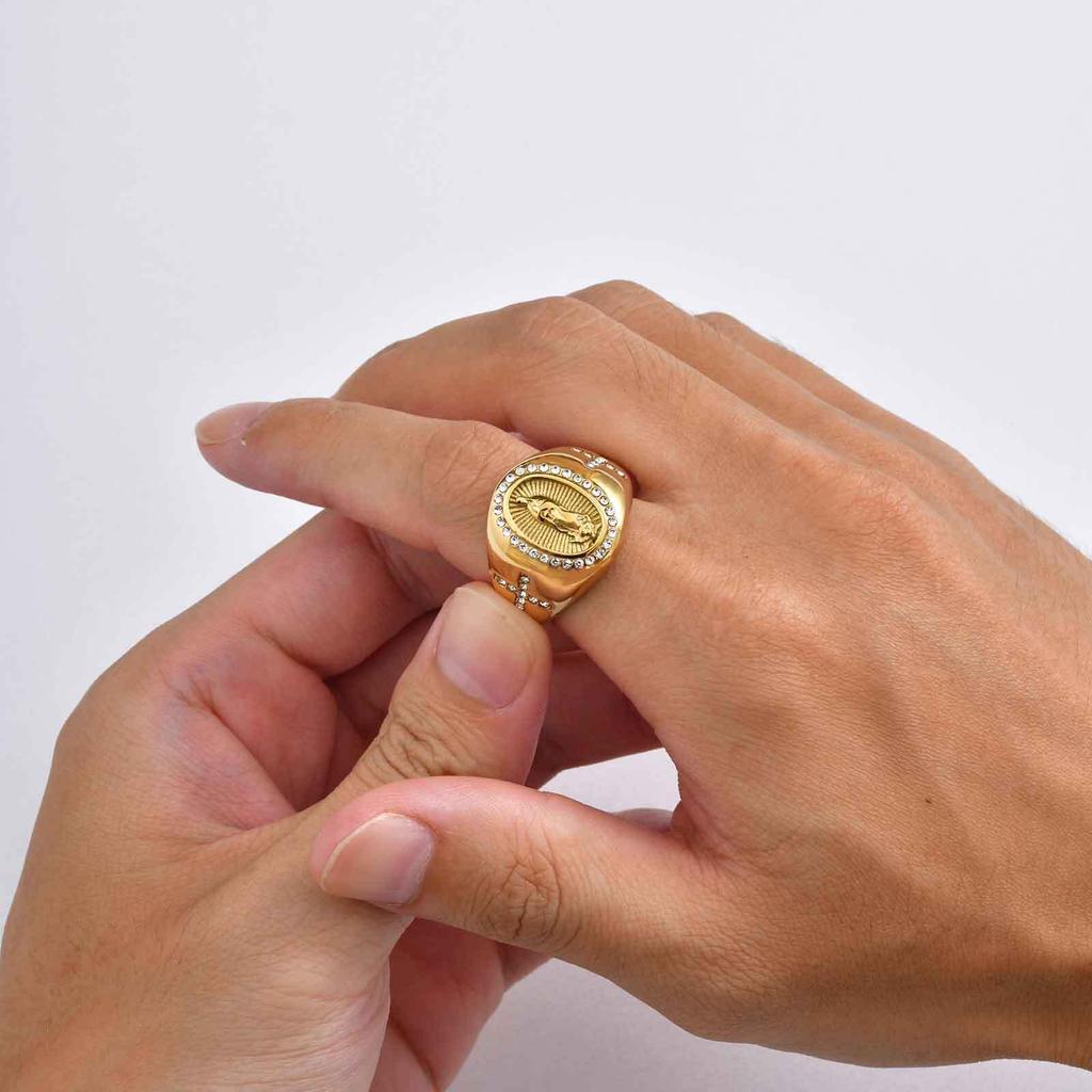 Virgin Mary Stamp Ring for Men,Gold Color Stainless Steel Cross Zircon Ring,Chunky Thumb Ring Gift