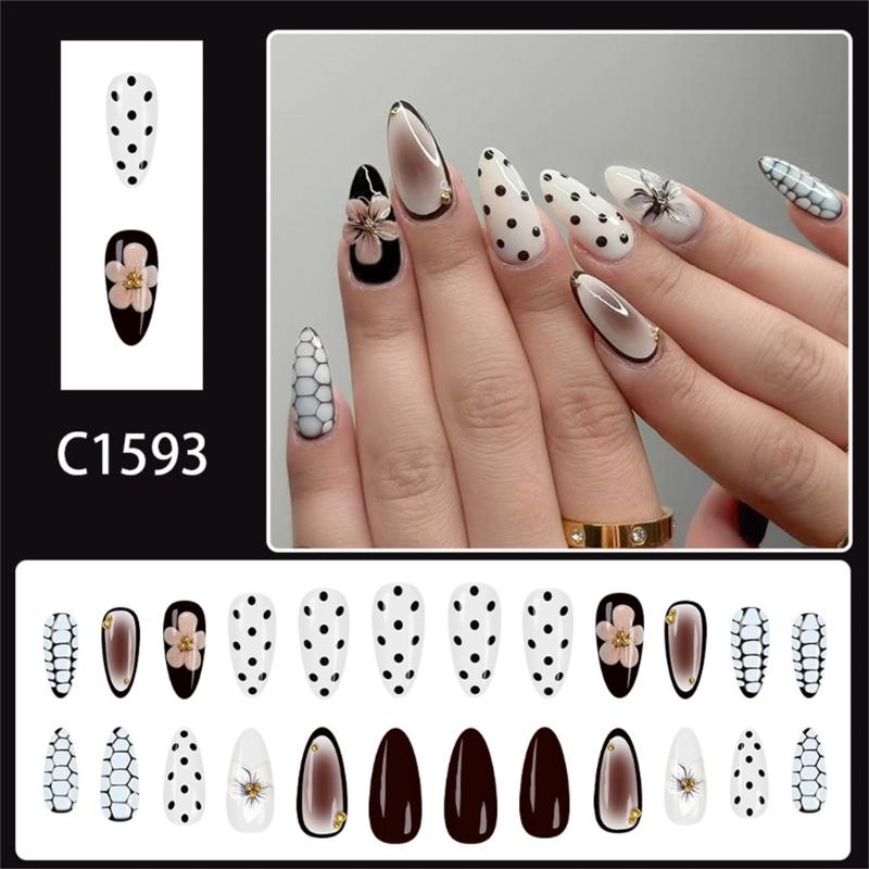 Pack of 24 Fake Nail Droplet Shape White Gradient Dot Flower Pattern Medium Length Glossy Press On Nail for Women