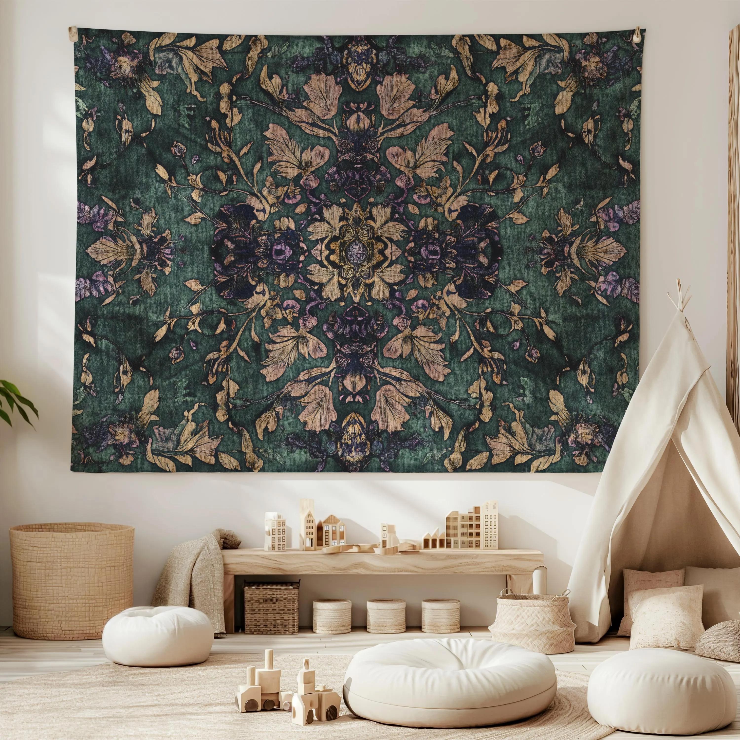 Dark Green Retro Floral Mandala Tapestry Bohemian Background Cloth Living Room Forest Decoration Room Decoration 100X70CM
