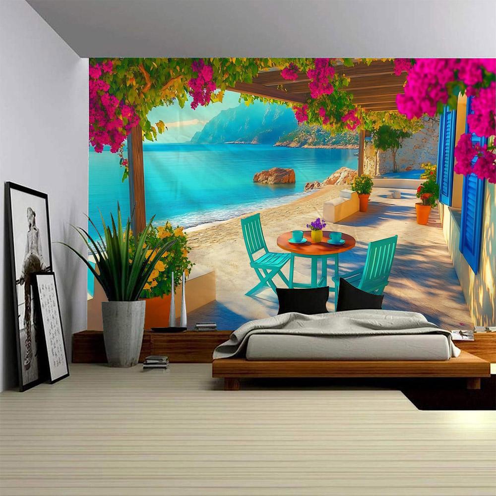 3D Terrace Landscape Tapestry Wall Hanging Sea Forest Wall Decoration Carpet Bohemian Aesthetics Home Living Room Art Background