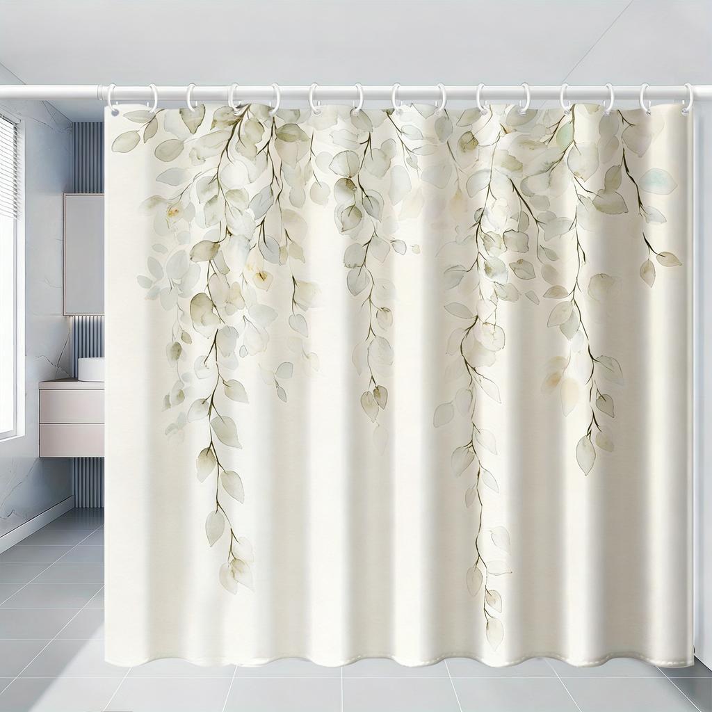 Watercolor Green Hanging Leaves Waterproof Shower Curtain For Bathroom Decor