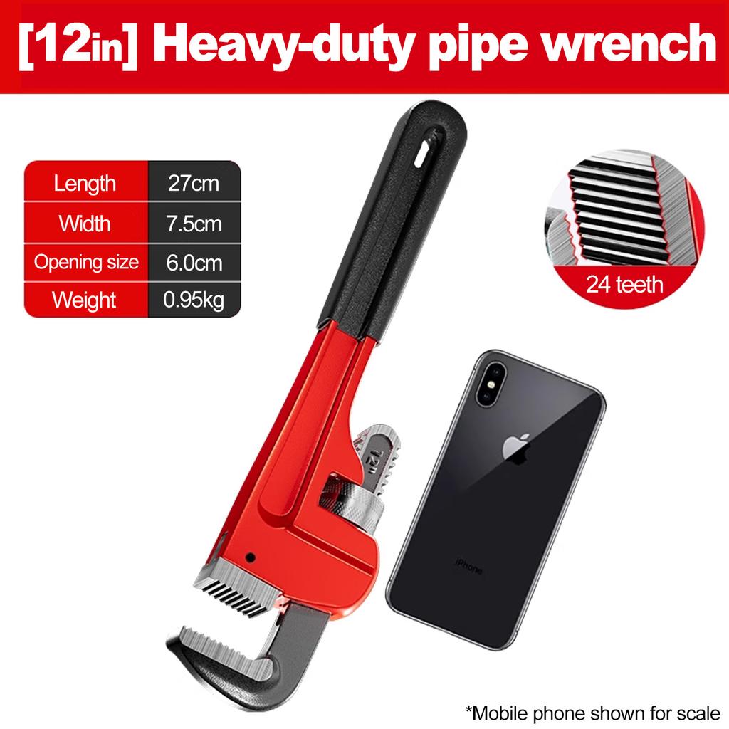 8in/10in/12in Heavy Duty Straight Pipe Wrench Adjustable Aluminum Plumber Wrench with Floating Hook Jaw I Beam Handle Red