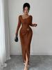 2026 Korean European Style Split Maxi Dress - Elegant Slim Fit Knit with Long Sleeves and Hip-Hugging Design