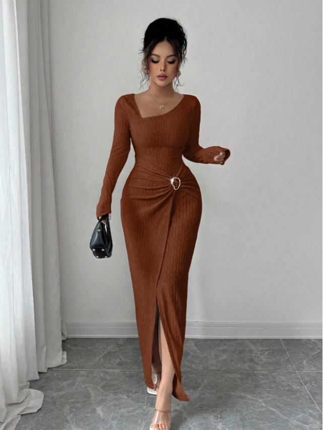 2026 Korean European Style Split Maxi Dress - Elegant Slim Fit Knit with Long Sleeves and Hip-Hugging Design
