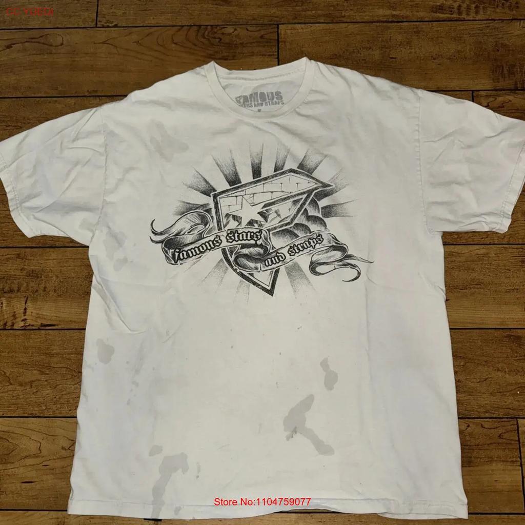 Famou Stars And Straps T Shirt White Large Y2K 21x26 Vintage Washed Slightly Casual Homme Unisex Stylish Fashion Versatile