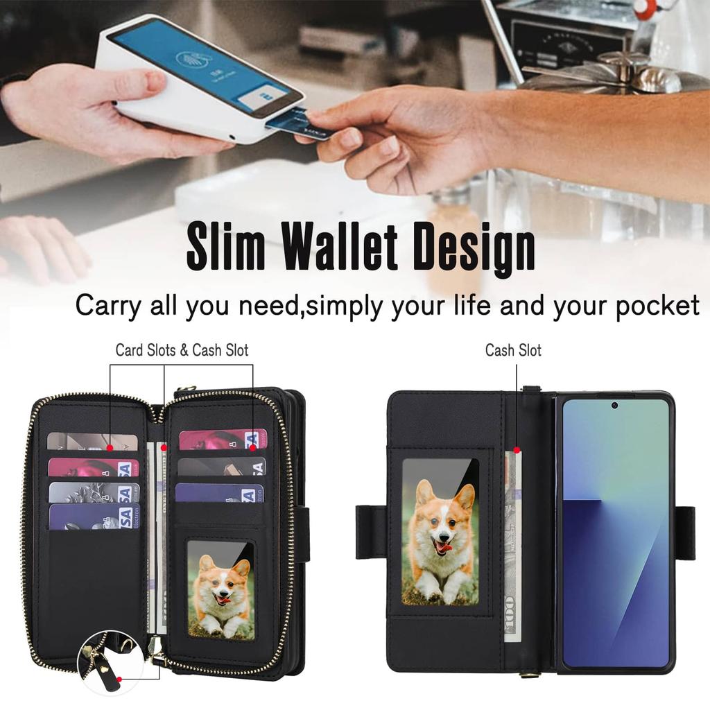 WEFOR Crossbody Wallet Case for Samsung Galaxy Z Fold 7 6 5 4 3 RFID Zipper Flip Cover Card Slots Kickstand Wrist Strap Purse