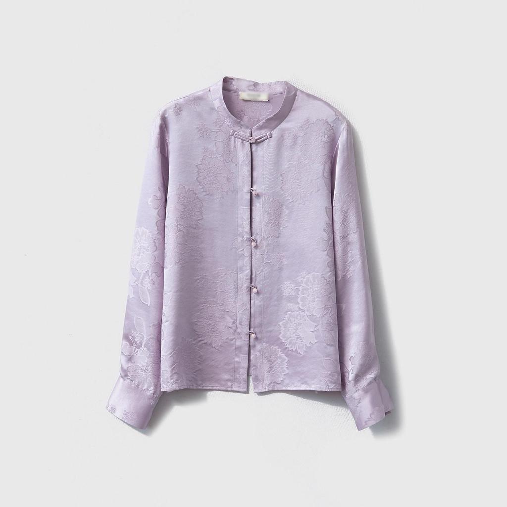 Women's 100% Mulberry Silk Floral Jacquard Shirt with Stand Collar and Frog Button, Long Sleeve Spring Top