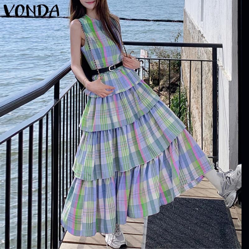 

VONDA Летнее женское платье без рукавов с клетчатым принтом, с оборками спереди, в стиле пэчворк, повседневное, свободного кроя, макси 5XL синий