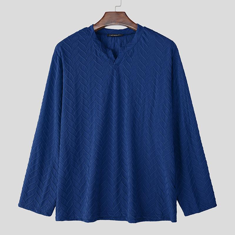 

INCERUN Men Autumn Spring Round Neck Long Sleeve Casual Texture Tops Undershirts Pullovers 2XL темно-синий