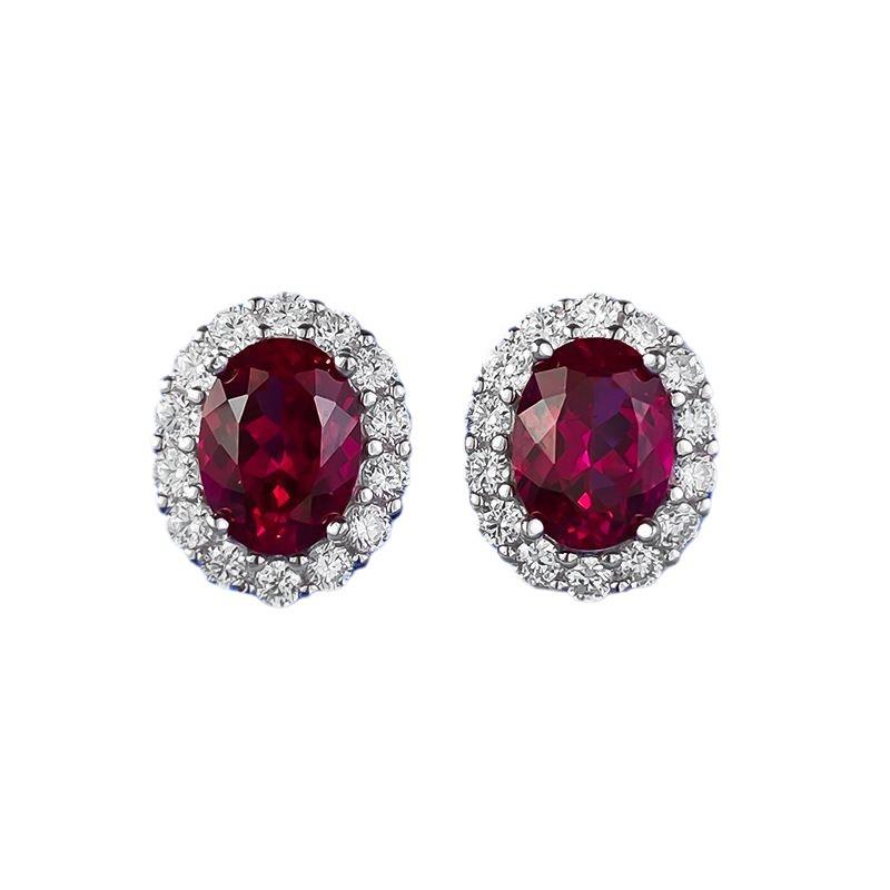 Boucles d'oreilles puces ovales en argent S925 et corindon rouge - Style tendance, quotidien et polyvalent