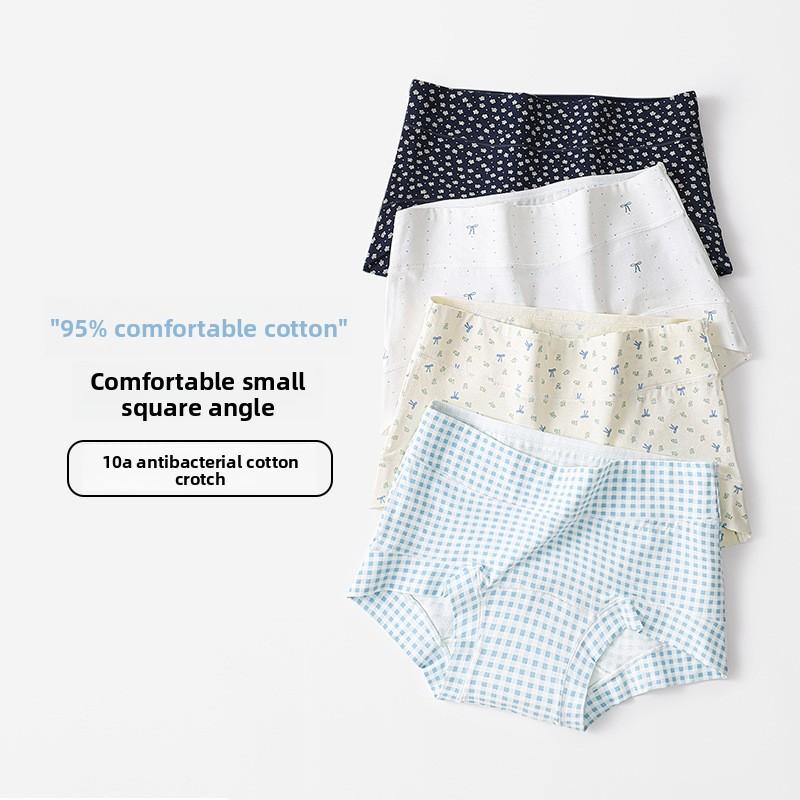Female Spring and Autumn Fresh Printed Cotton 10A Anti Bacteria Extended Crotch Breathable Mid Waist Underwear