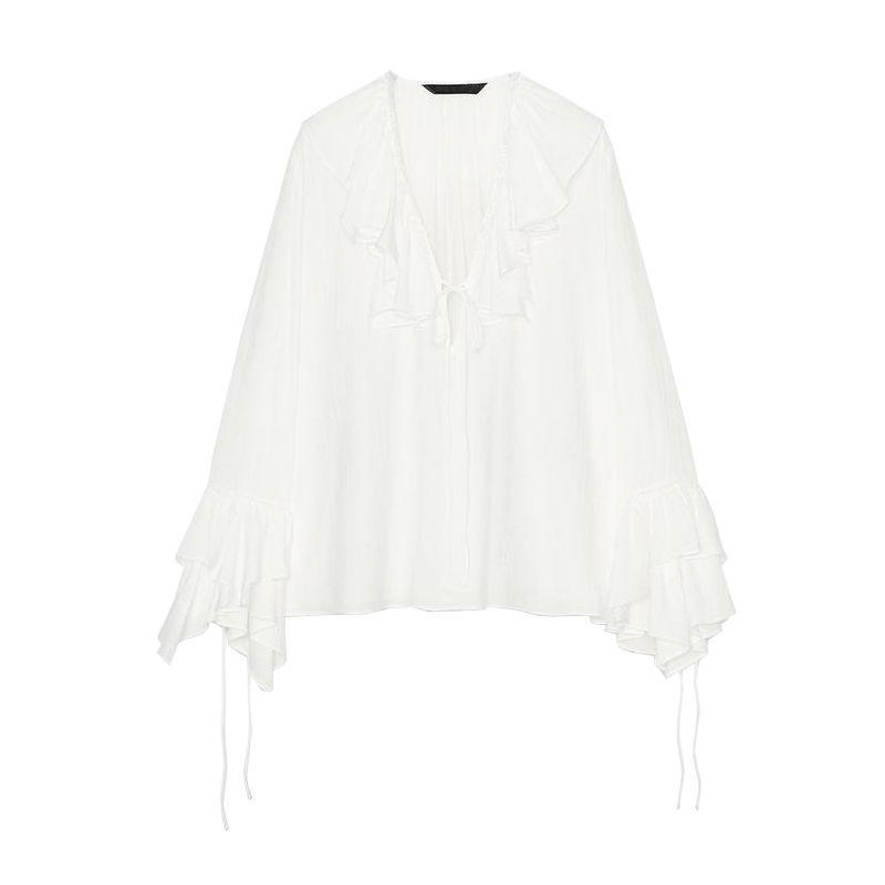 

Summer Women s Viscose Blended Straight Cut Hem V Neck Laminated Decoration Long Sleeve Shirt Top 3233679 White L