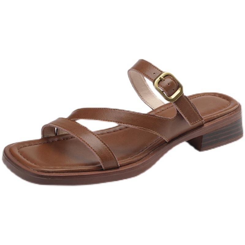 Retro one-word belt comfortable flat-bottomed slippers women's wear soft-soled thin belt brown low-heeled open-toed sandals