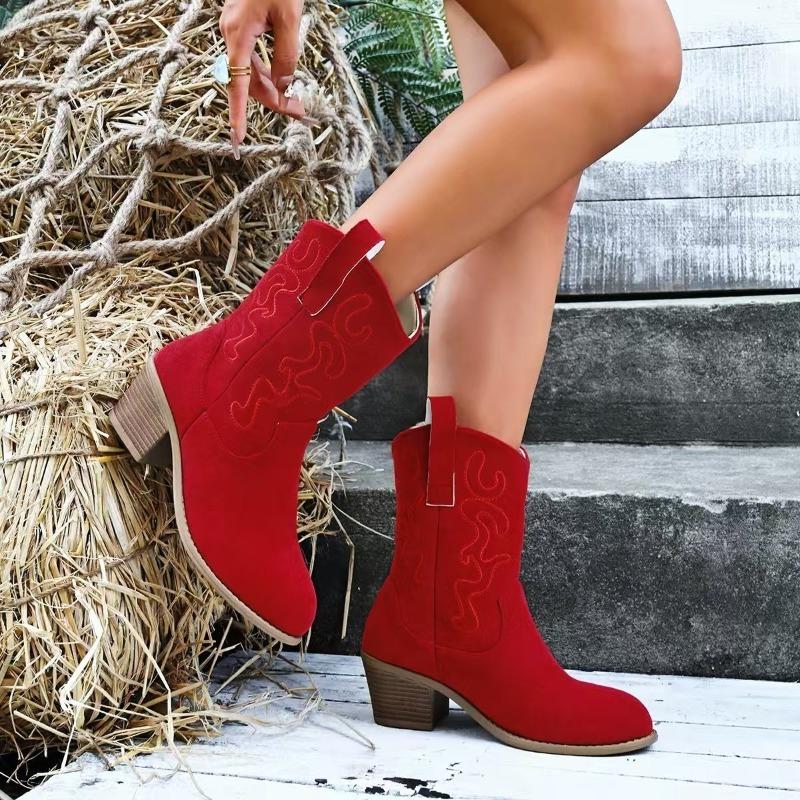Fashion Embroidered Block Heel Single Boots Autumn New Round Toe Sleeve Suede Non-Slip Wear-Resistant Short Boots