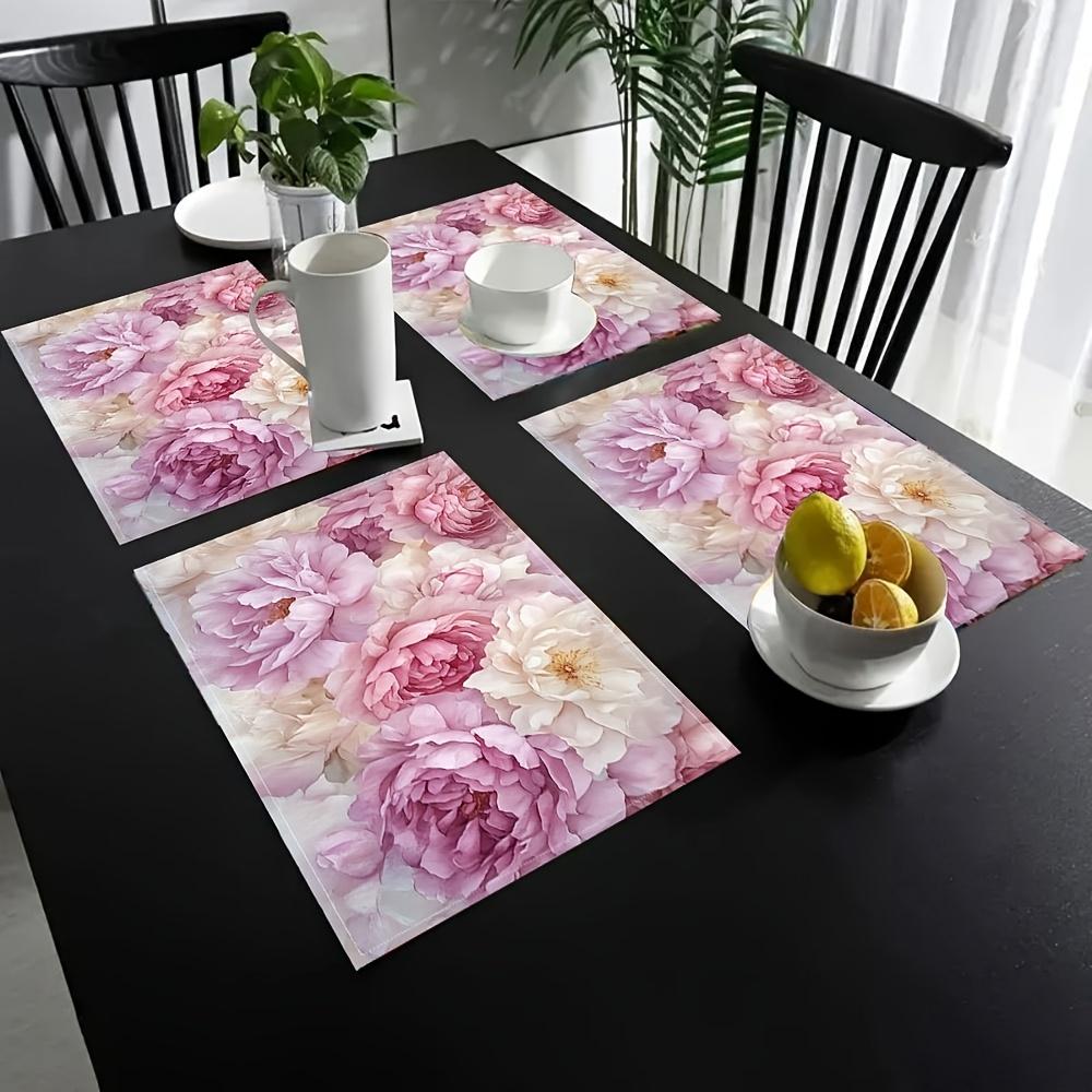 Pink Peony Flower Romantic Fresh Placemats Linen Washable Non Slip Heat Resistant Table Mats for Kitchen Dining Decor