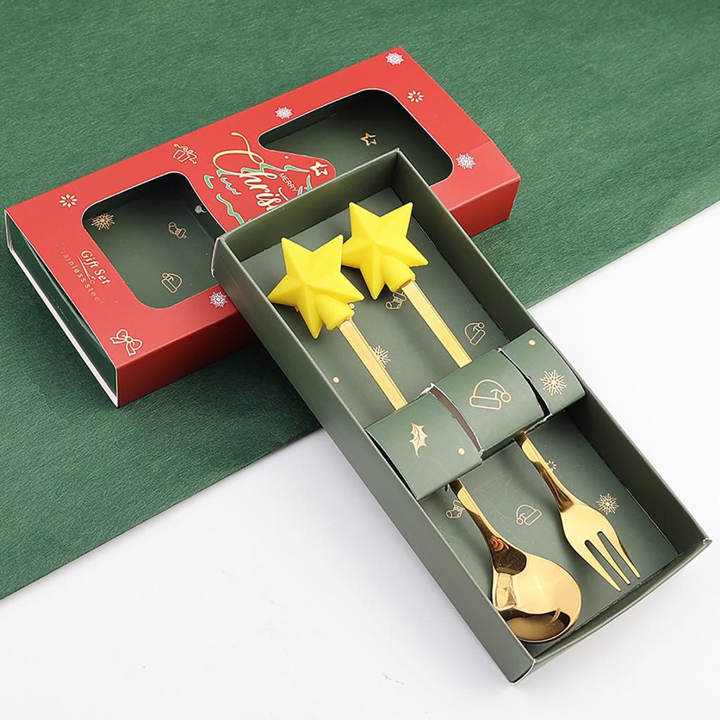 2Pcs Christmas Theme Dinnerware Set with Gift Box Elk Deer Christmas Hat Tree Fork Spoon Cutlery Set Stainless Steel Tableware