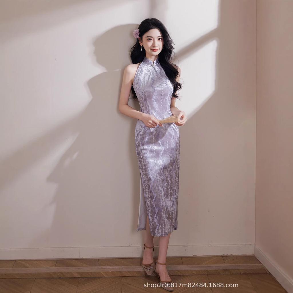 Purple cheongsam women's new Chinese style beautiful neck improvement young girl high sense velvet national style elegant daily