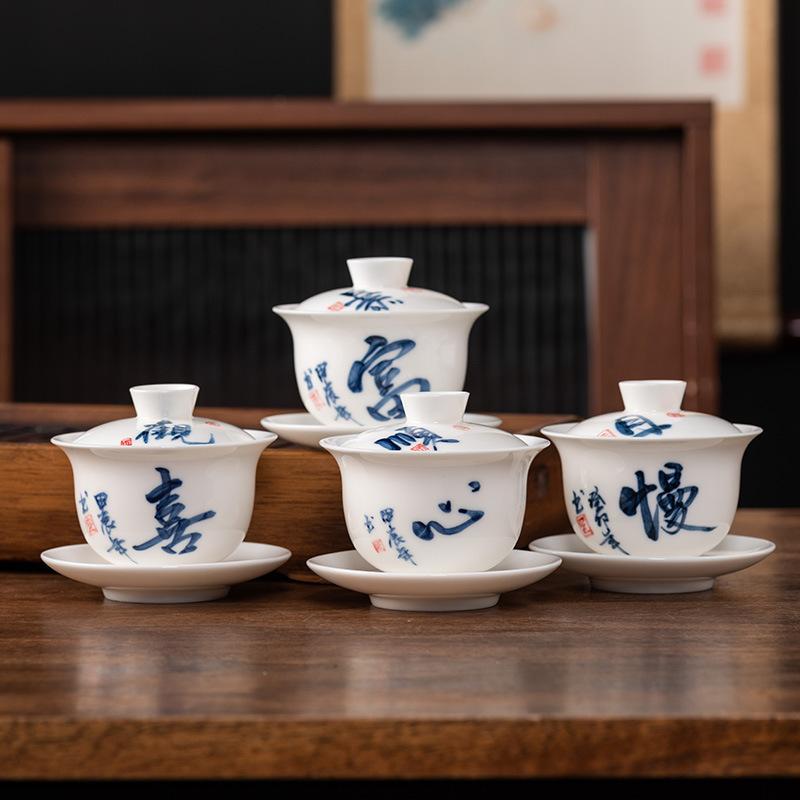 Hand-painted Suet Jade Porcelain Three Talents Cover Bowl Teacup Kung Fu Tea Set Tea Bowl Modern Creative Large-capacity Gifts