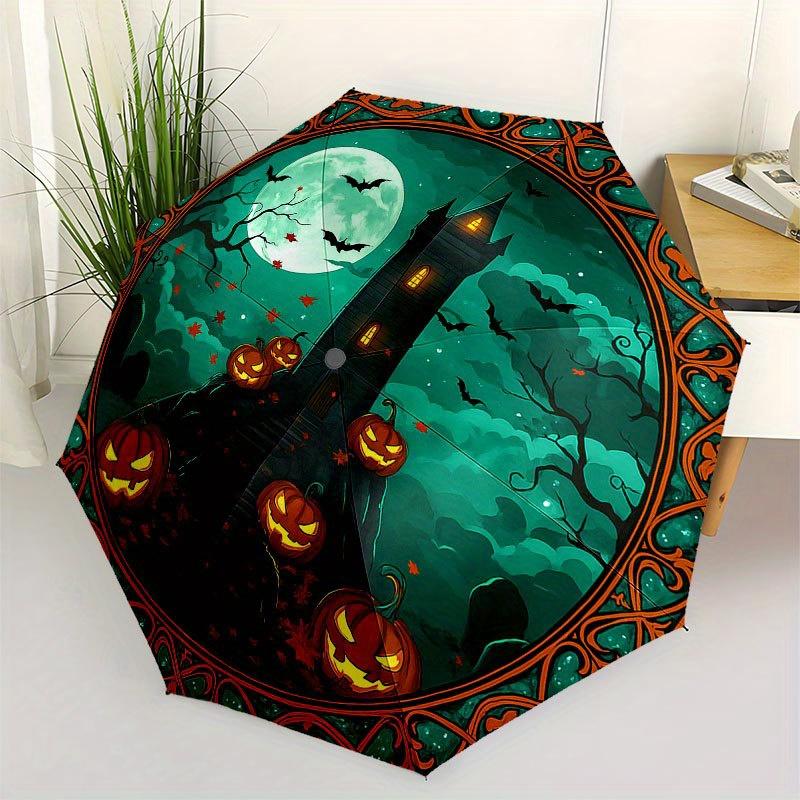 

Halloween Spooky Castle with Jack-o -lanterns StickerUmbrella with Cute Design, Portable 3-Fold Compact Umbrella for Men & Women, Valentine s Day Moth
