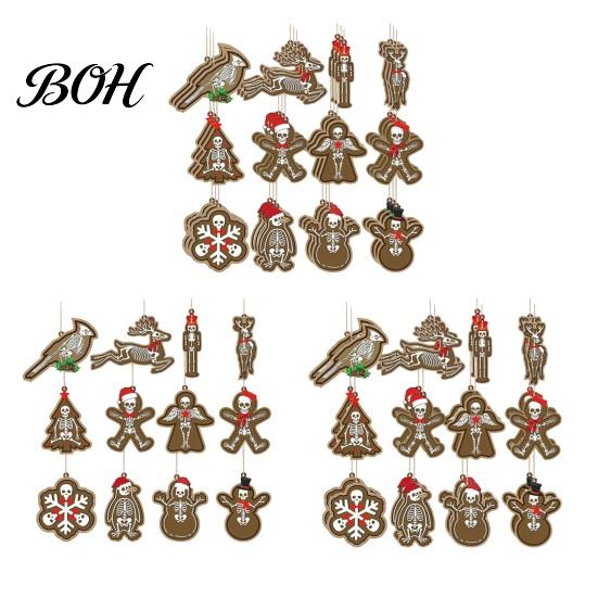 Wooden Skull Holiday Pendants 12/24/36Pcs Christmas Ornaments, Skeleton Gingerbread Tree Decorations, Gothic Creative Man Ornaments Wooded Hanging