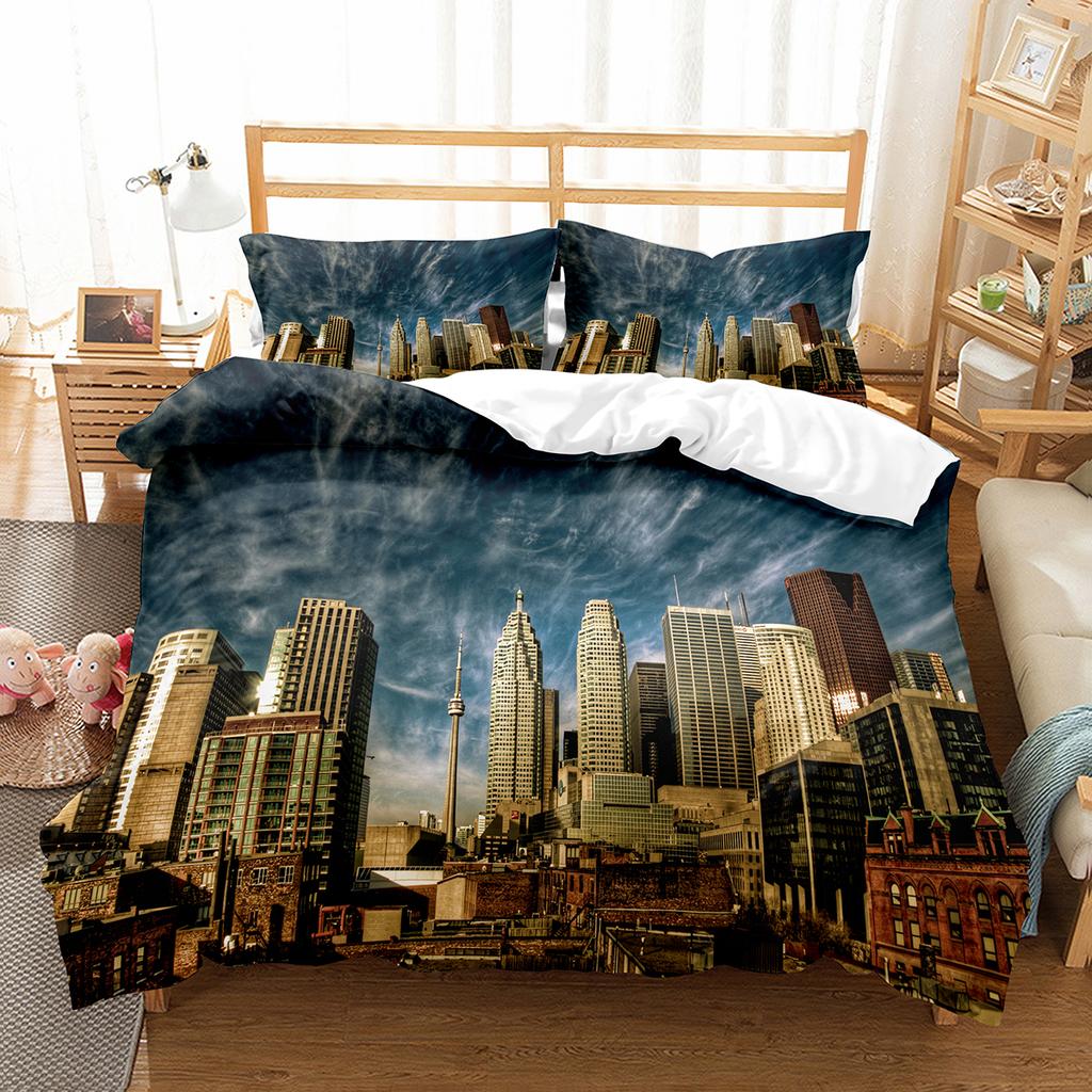 Cityscapes King Queen Duvet Cover Tall Buildings Landscape Bedding Set Busy Traffic View Quilt Cover Polyester Comforter Cover
