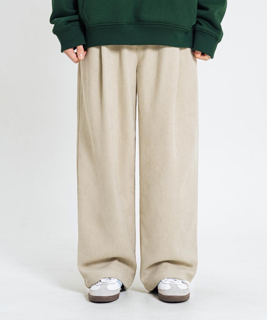 LEMAIN SECOND Single-Pleat Wide Corduroy Elastic Pants [Beige]