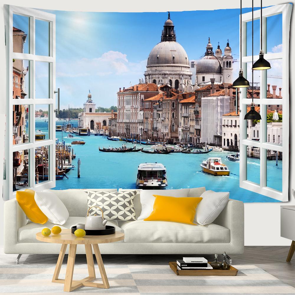 3D Window Scenery Decoration Tapestry Hippie Wall Bohemian Style Decoration Tapestry Bedroom Dormitory Wall Tapestries