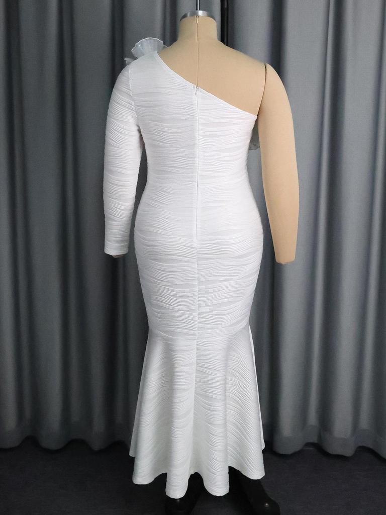 Plus Size White One Shoulder Mermaid Ruffle Evening Gown