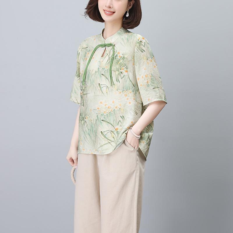 2024 Letní Dámský Národní Styl Bavlněno-Lněný Dvoudílný Set pro Křivky