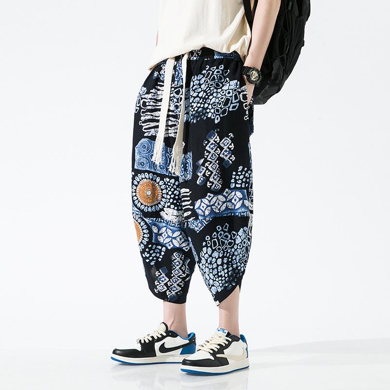 2025 Summer Men's Plus Size Ethnic Print Harem Pants - Loose Fit, Straight Leg, Drop Crotch