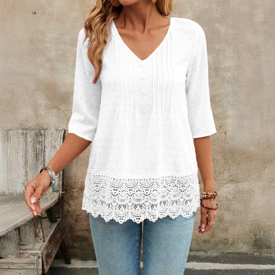 Women V-Neck Hem 45720 Sleeve Casual Shirt Jacquard Decor Solid Color