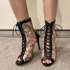 Fashion 2025 New latin Dance Boots Women Black Satin and Mesh Salsa  Shoes Girls Ballroom    Sandals