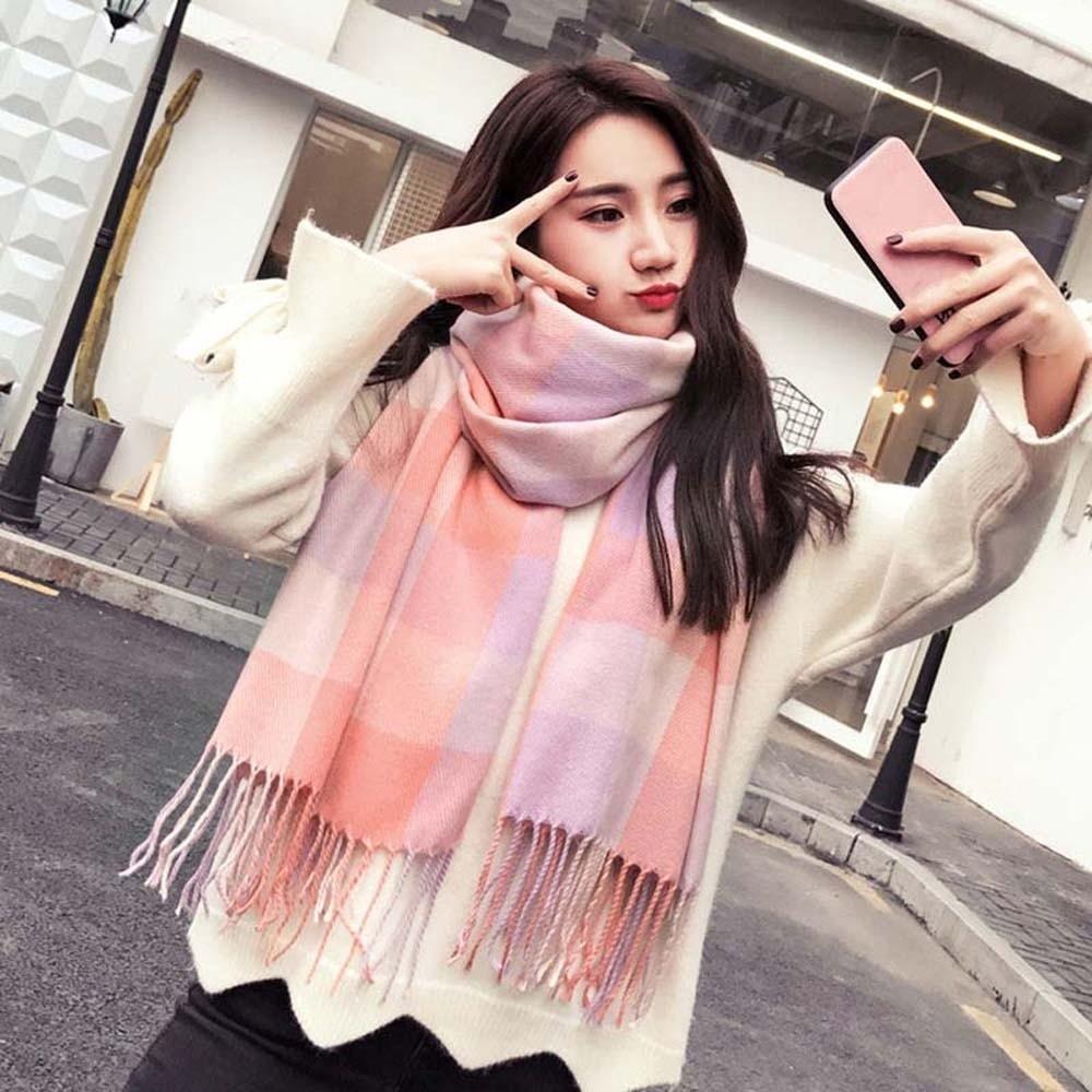 Soft Classic Plaid Scarf Cold-proof Long Neckscarf with Tassel Large Knitted Wool Shawl Winter