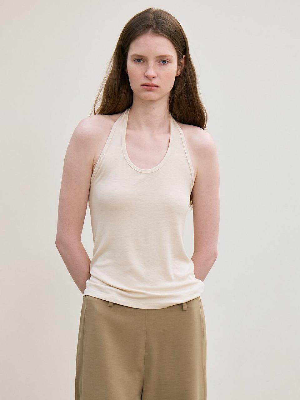 Le Ribbed Halter Top (Light Beige) Free