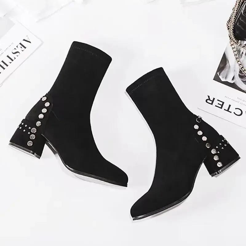 New In Autumn Ladies Mid Calf Shoes Elastic Women's Half High Boots Work Waterproof Trend 2025 Large Size Warm Sale On Offer Pu