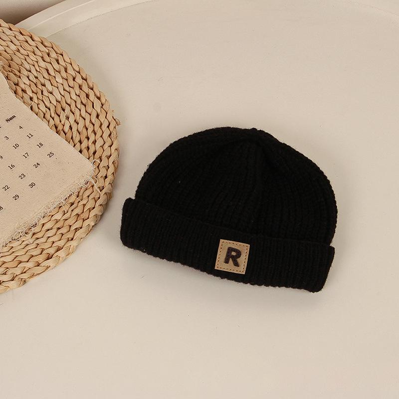 Solid Color Warm Knitting Children's Cap Autumn Winter R Letter Melon Caps for Baby Korean Casual Boys Girls Brimless Hat Beanie
