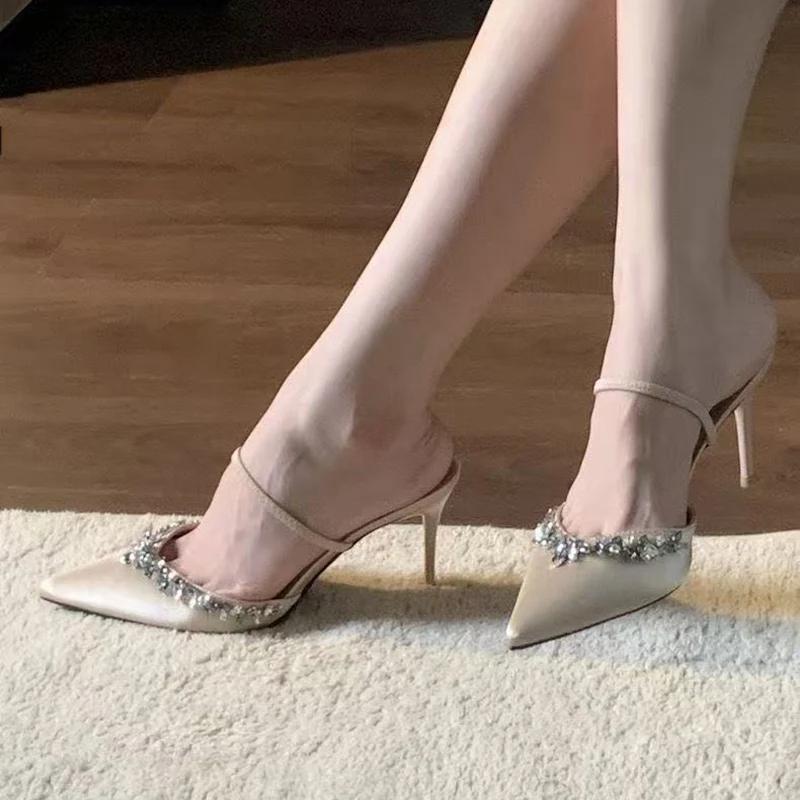 Modern High Heel Pointed Toe Sandals Women Summer Thin Heel Apricot Crystal Design Office Shoes Woman Party Shoes
