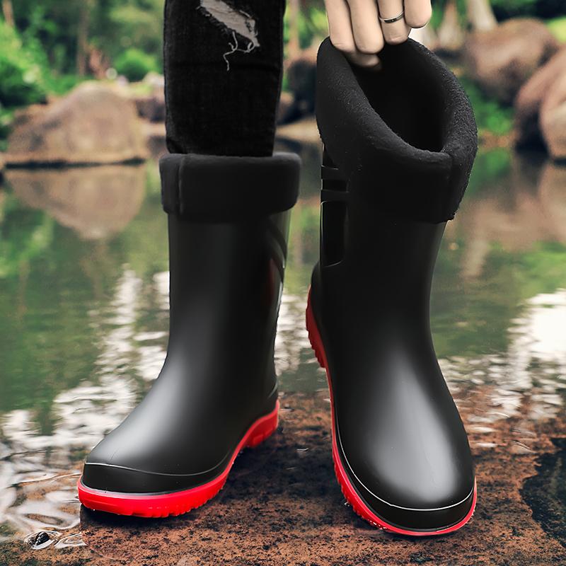 Men's Rain Boots Long Cotton Removable Fishing Kitchen Work Car Wash Waterproof Boots Non-slip Rubber Shoes Men's Water Shoes