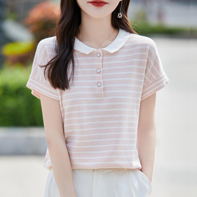 Pure Cotton Doll Collar Striped Short-sleeved T-shirt for Women In Summer New Design Top Knitted T-shirt