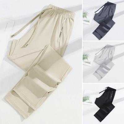 Unisex Summer Ice Silk Pants Thin Loose Straight Leg Cooling Trousers Drawstring Elastic Waist Slacks Quick-drying Solid Color Sweatpants