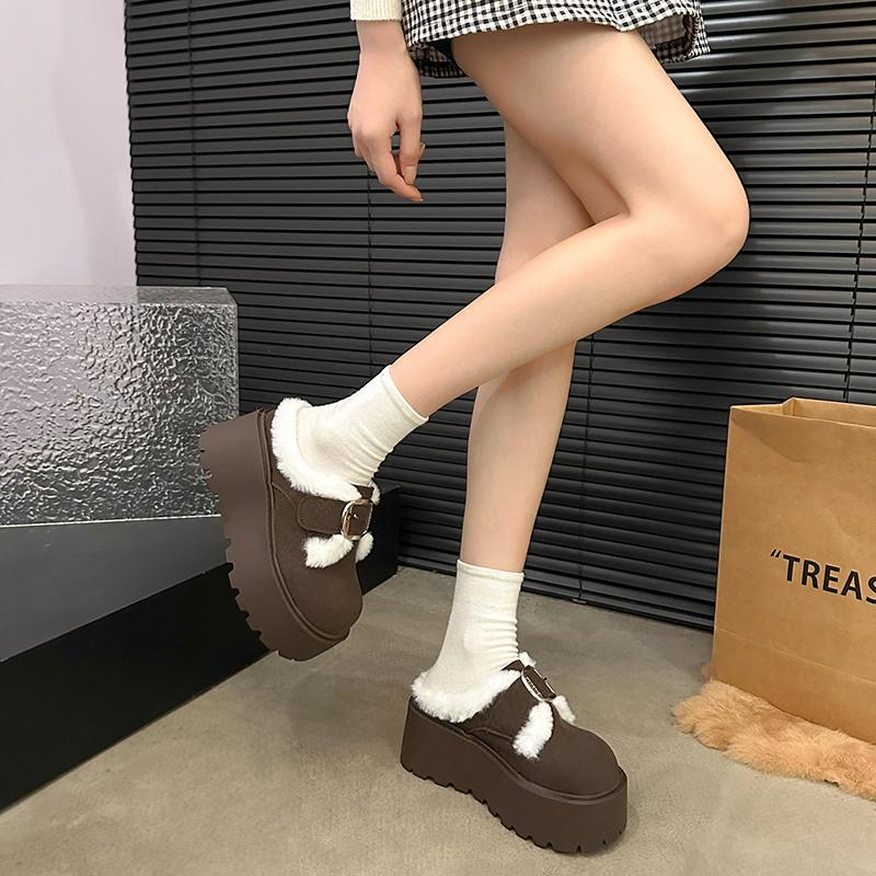 Fashionable belt-buckle woolen slippers for women to wear outside, 2025 new thick-soled fleece warm cotton slippers