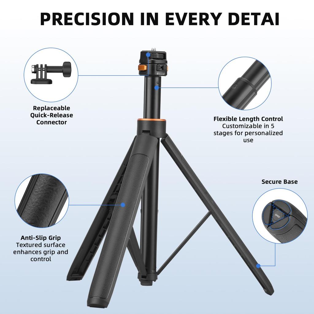 162CM Selfie Tripod Stand for Action Camera with Quick Release Inch Extendable Pocket Tripod for DJI Osmo Pocket 5 Insta360 AKASO DSLR Lightweight